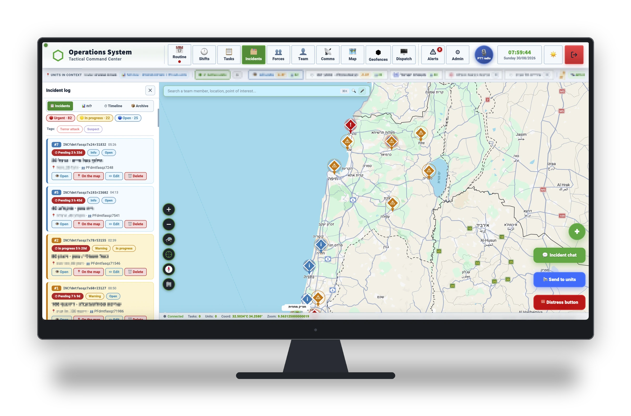 Incident log alongside the operational map · demo data